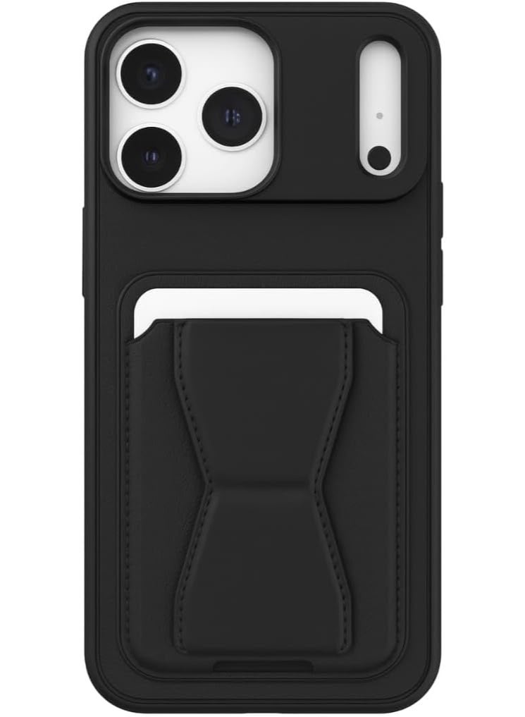 جراب جلدي متوافق مع هاتف آيفون 17 برو ماكس، مقاوم للصدمات، مزود بجيب خلفي من الجلد لتخزين البطاقات وحامل مدمج، مصنوع من جلد البولي يوريثان لمظهر أنيق وقبضة مريحة (أسود).